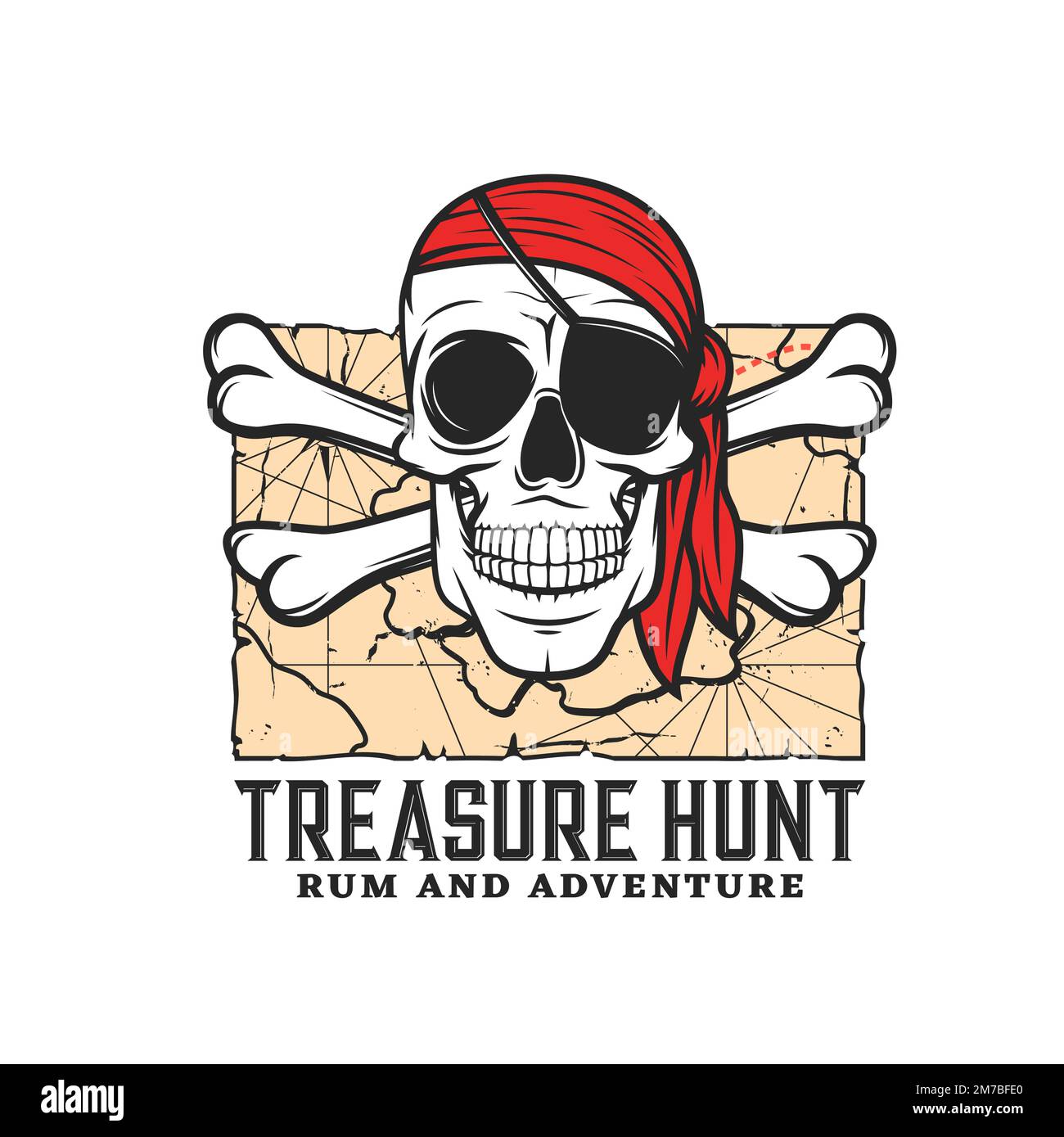 Treasure hunting icon with skull. Pirate adventure, buccaneer and corsair nautical travel retro