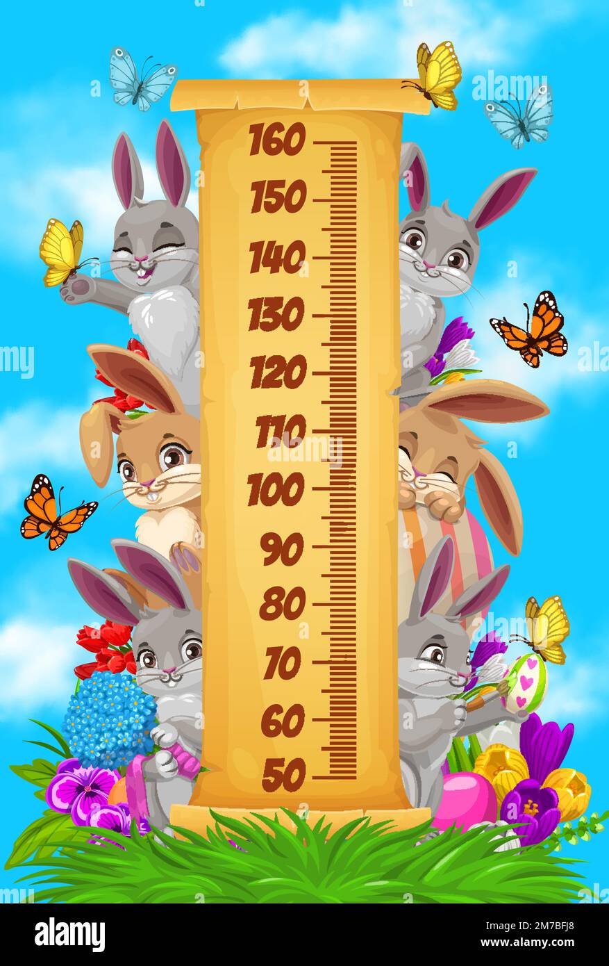 Kids height chart, Easter bunnies and egg hunting, vector growth