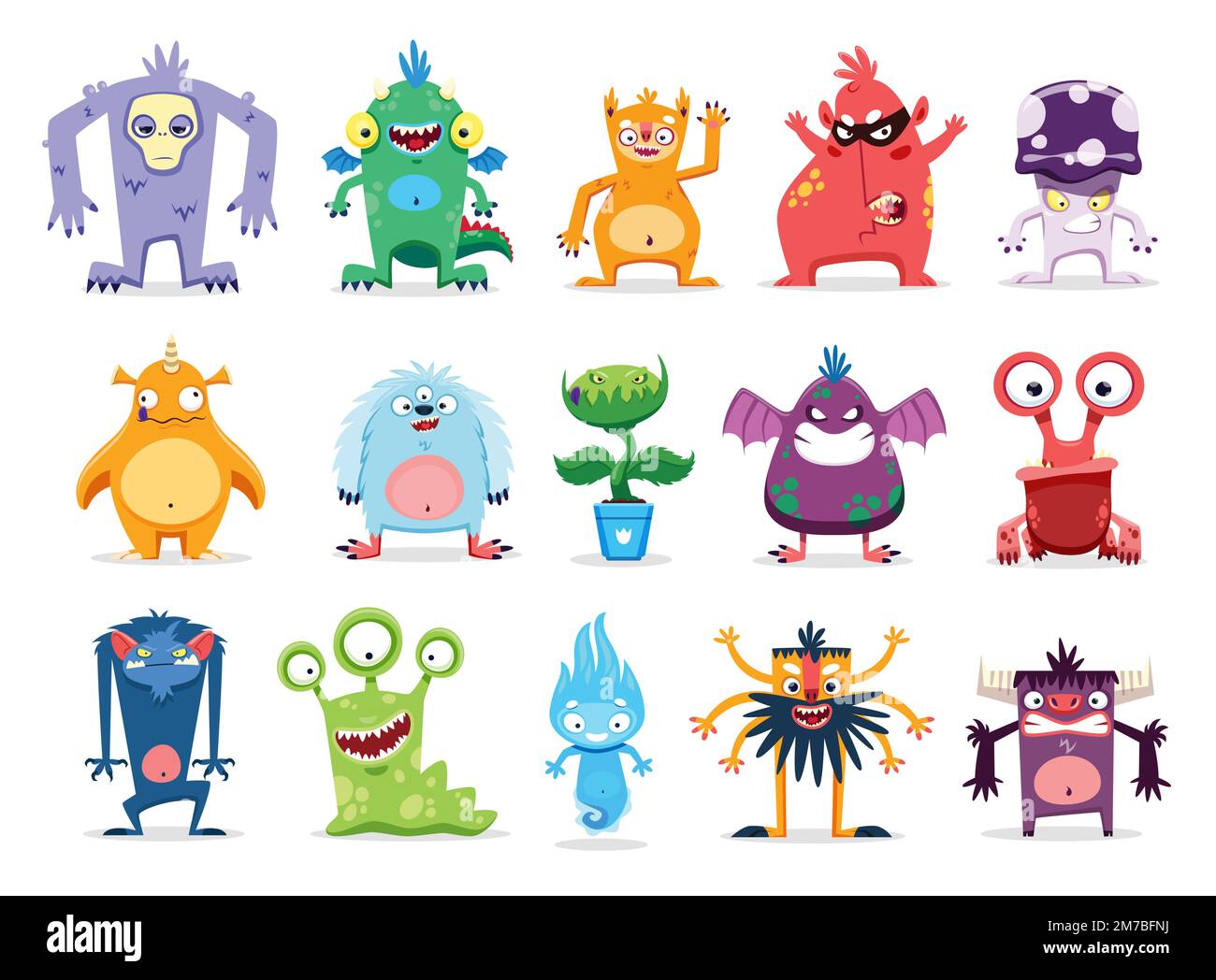 Cartoon monster characters, funny alien creatures and kids personages,  vector bizarre animals. Cute cheerful monsters, devils and goblins, Yeti  troll, alien flower plant, dragon or gremlin and cyclops Stock Vector Image  &