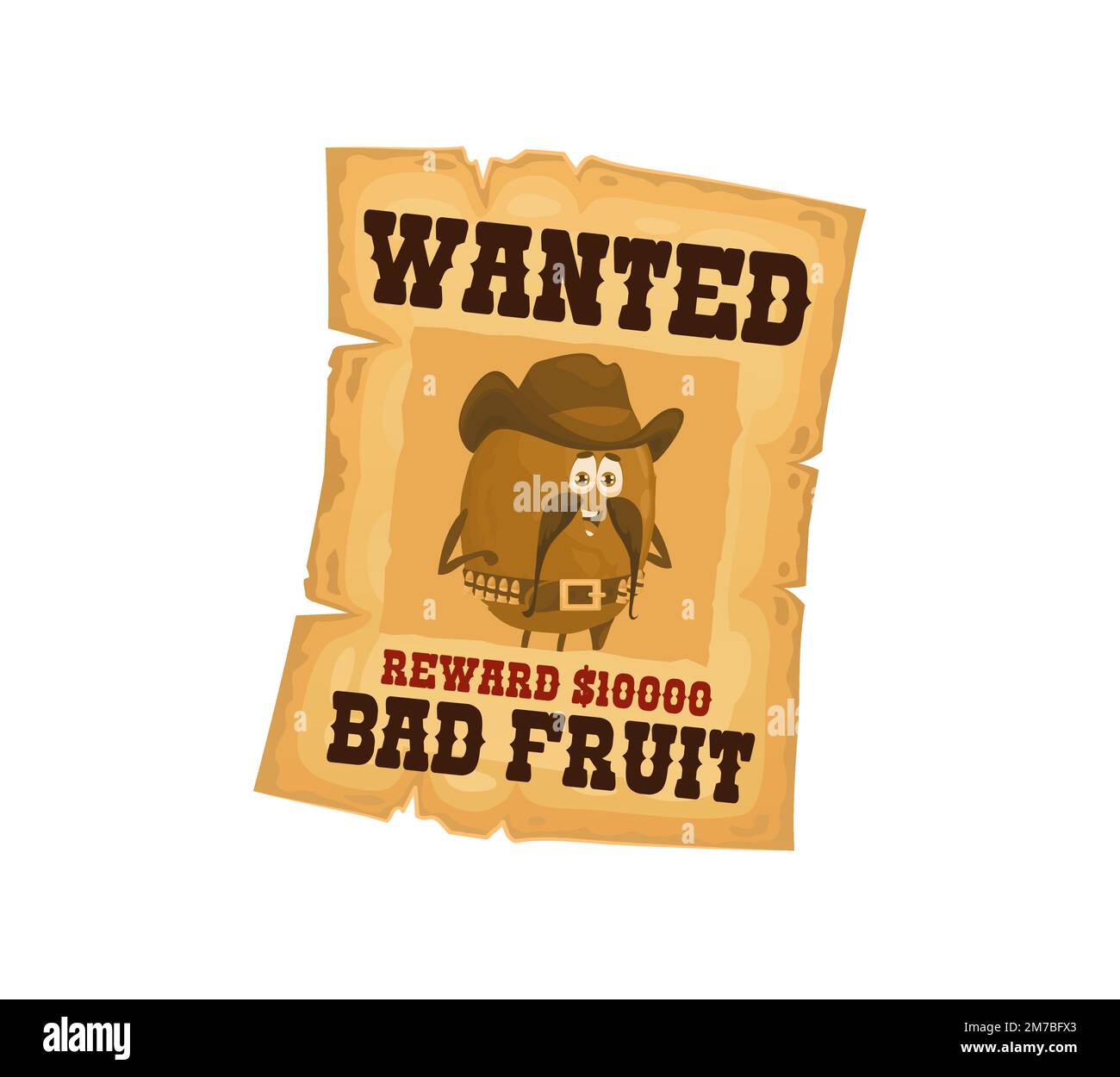 Vintage Western wanted poster. Kiwi cowboy character. Wild West criminal or bank robber, Texas outlaw cheerful and funny, mustached kiwifruit personage on wanted message old, ragged parchment paper Stock Vector