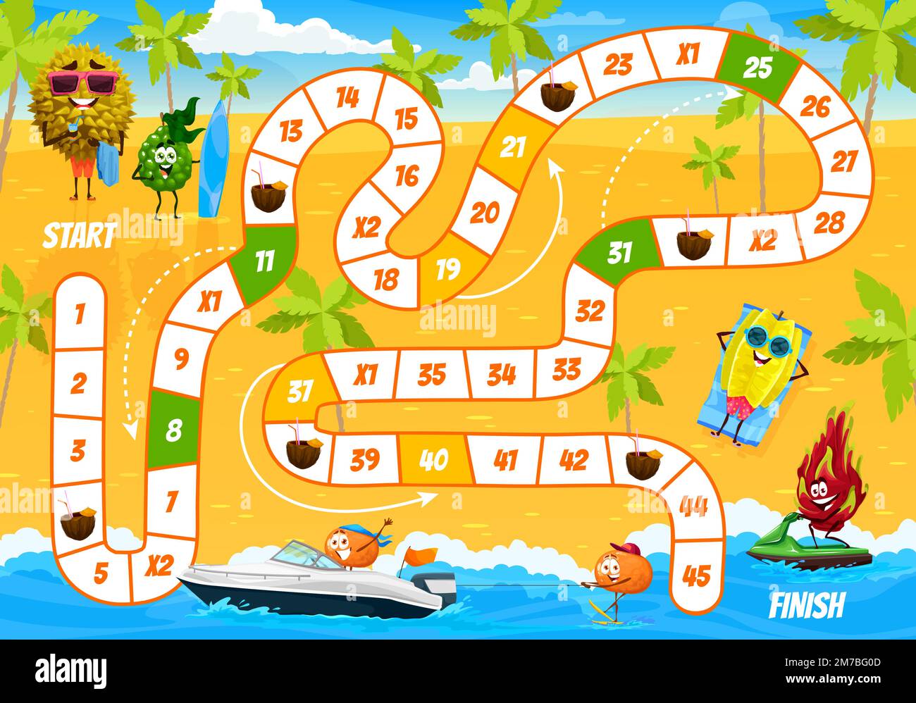 Kids board step game, cartoon fruits characters on summer beach, vector