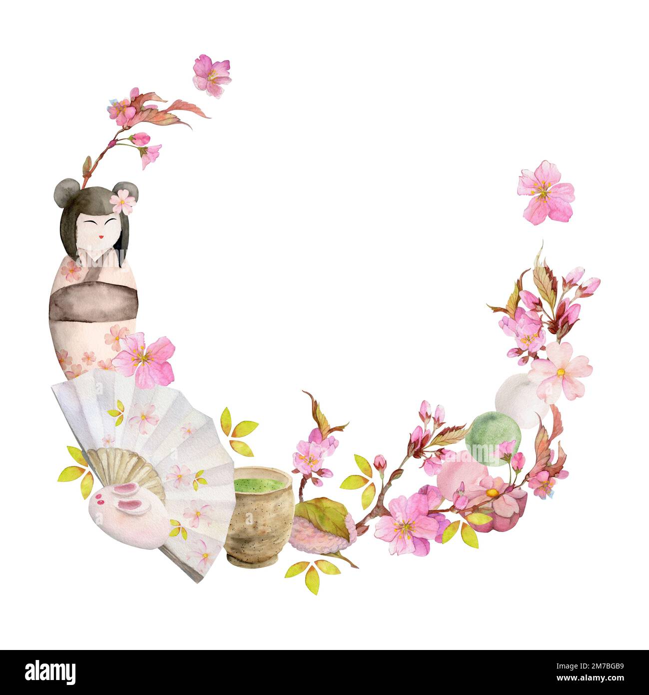 Watercolor hand drawn traditional Japanese sweets. Wreath of spring