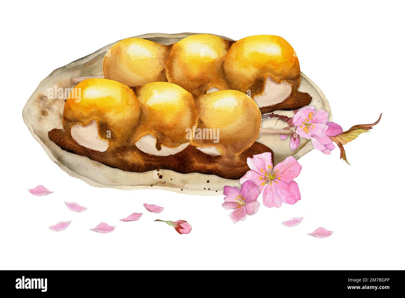 Watercolor hand drawn traditional Japanese sweets. Ceramic dish