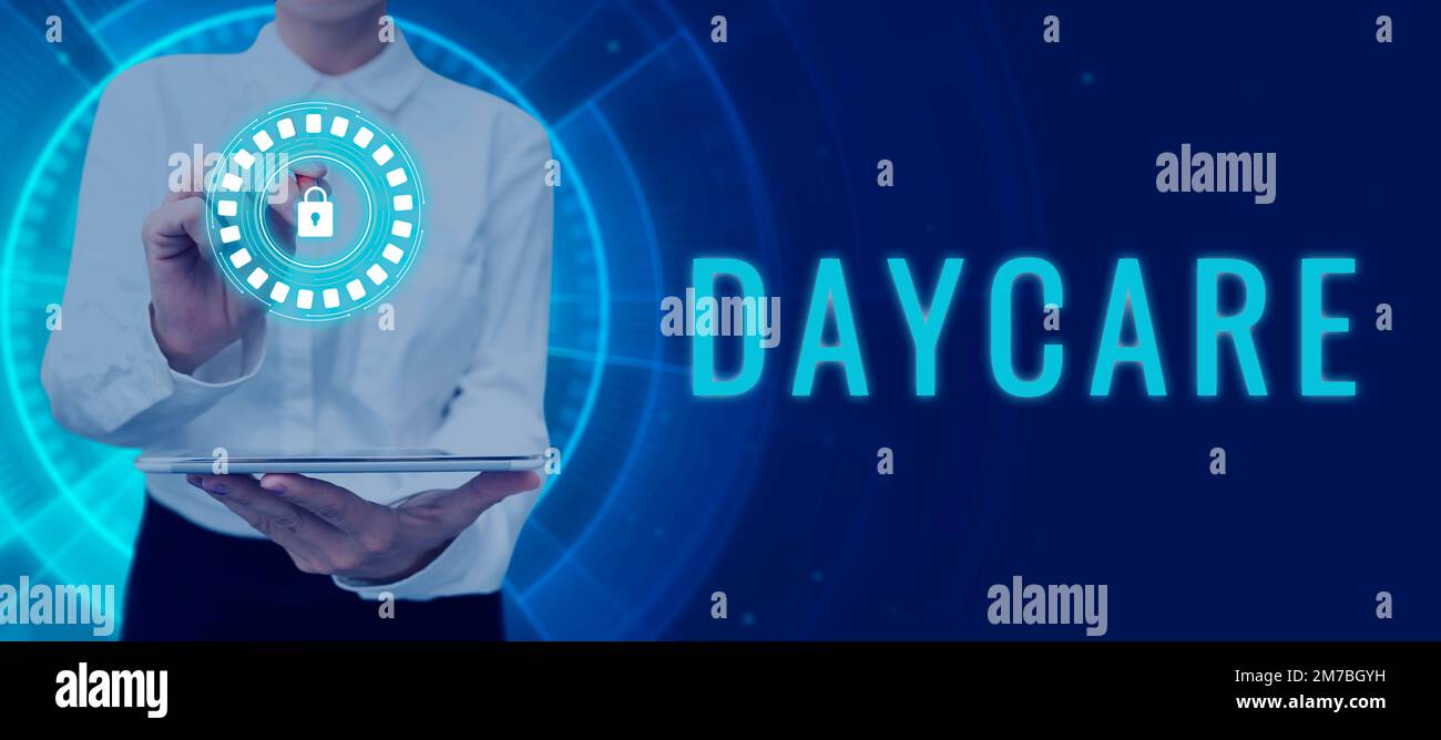 Sign displaying Daycare. Business showcase offering care to preschool