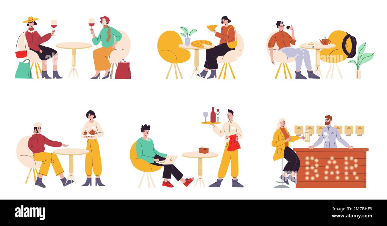 Cafe visitors. People in restaurant drink and eat. Friendly meetings or romantic dates. Man orders food. Woman with wine and pizza. Waiters and Stock Vector