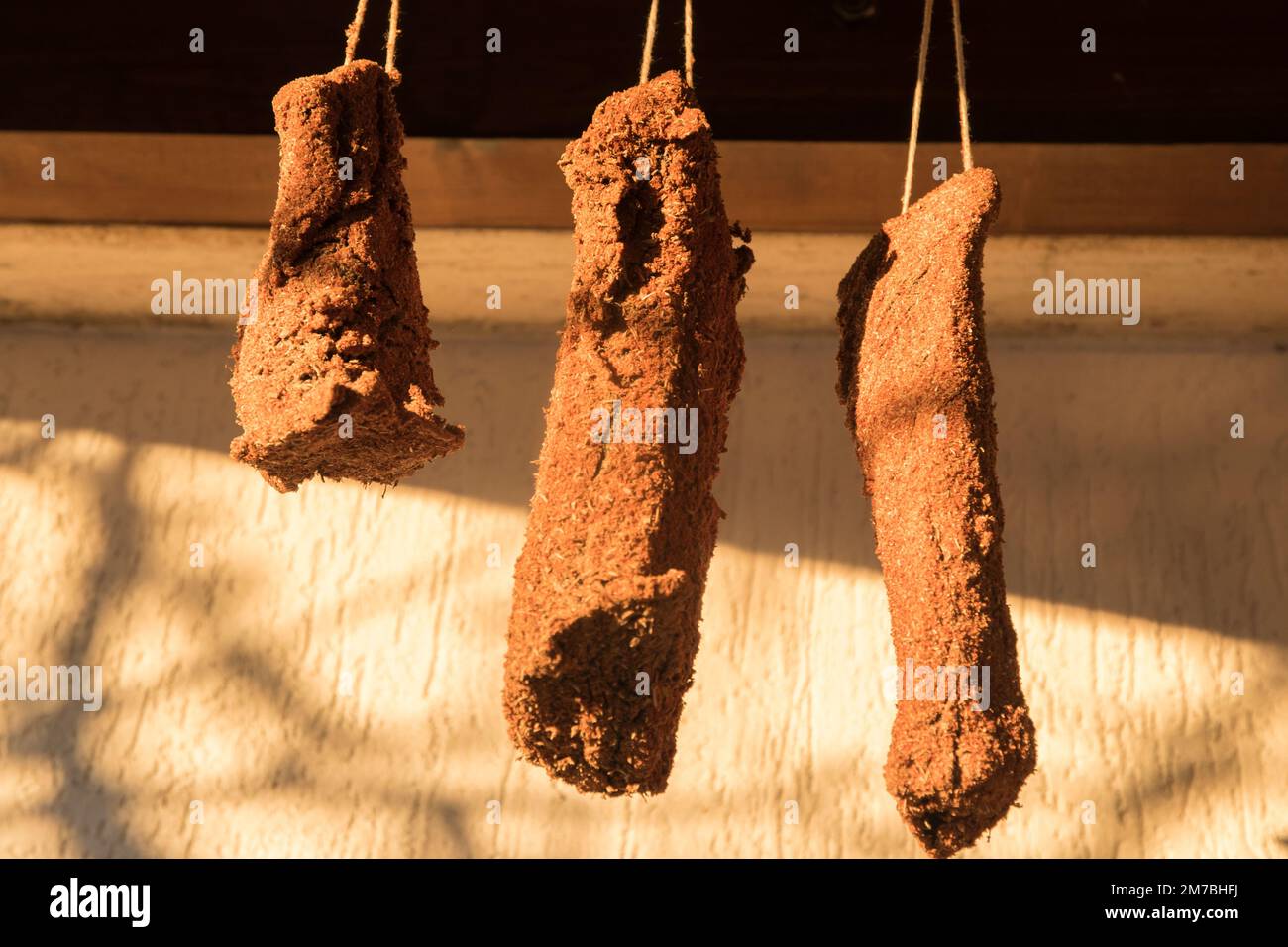 Homemade pastrami hanging to dry outdoor closeup Stock Photo Alamy