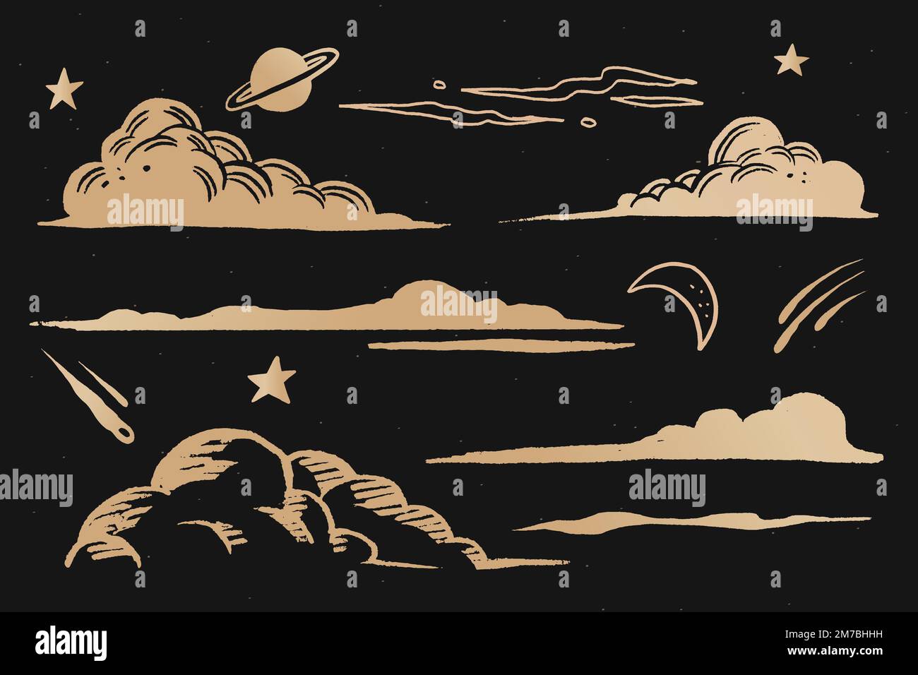 Clouds and sky gold vector space doodle sticker Stock Vector