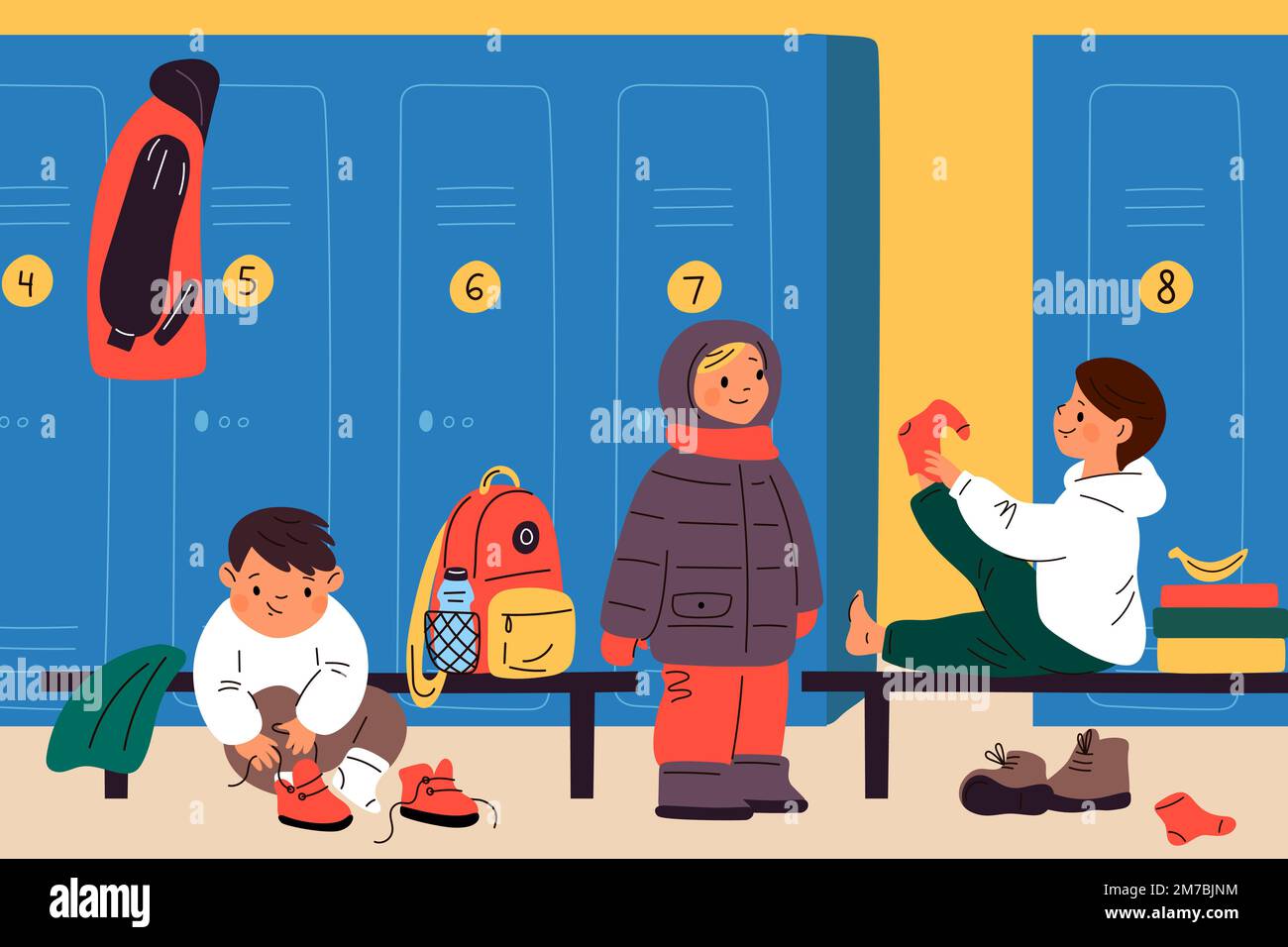 Kids changing clothes Kids changing clothes. Children in locker room. Elementary school students  preparing for physical education. Boys putting socks and boots. People  Stock Vector Image & Art - Alamy