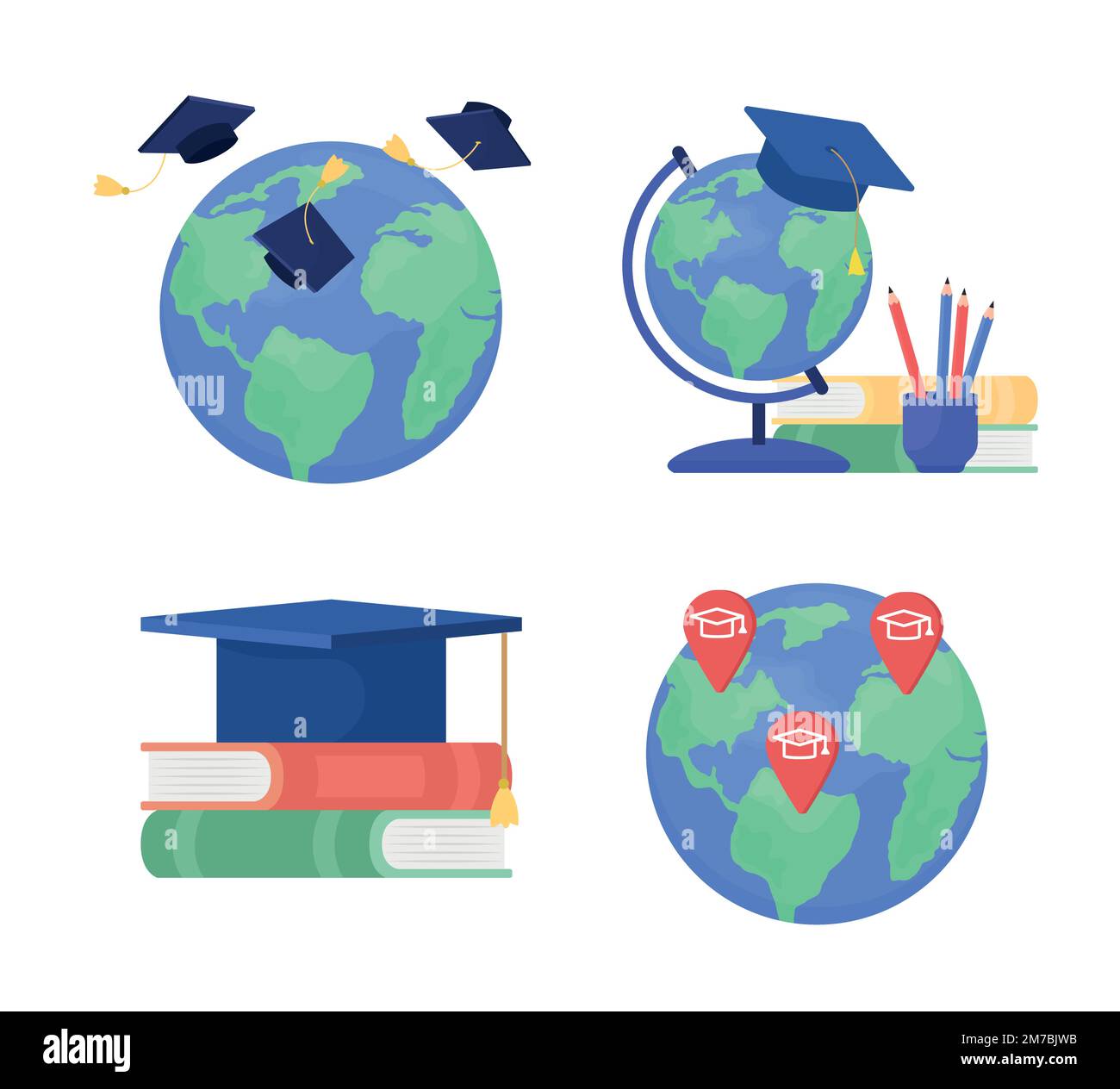 Study abroad destinations semi flat color vector objects set Stock Vector