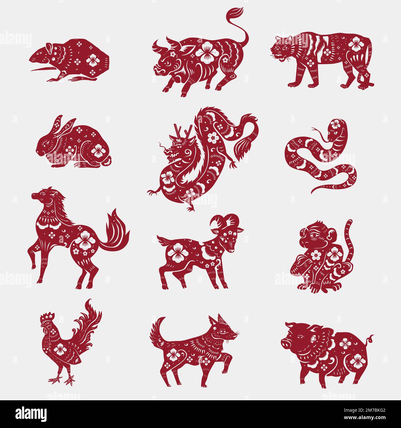 Chinese zodiac animal collection. Twelve asian new year red character logos  set isolated on white background. Vector illustration of astrology calendar  horoscope symbols Stock Vector