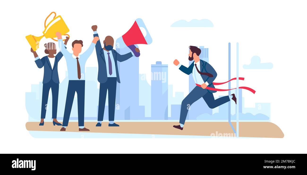 Running man crosses finish line. Business competition. Entrepreneurs