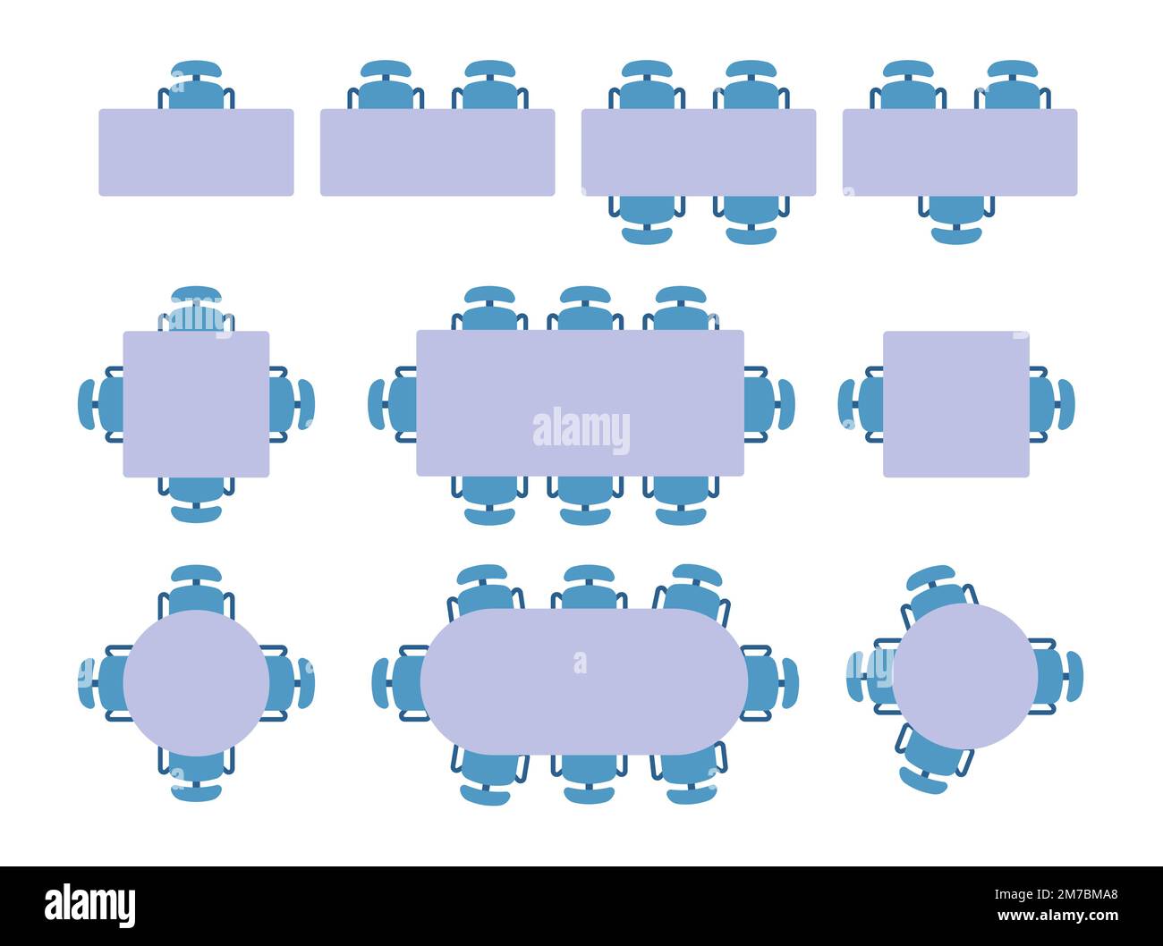 Square tables with office chairs top view. Employee workplace. Round or