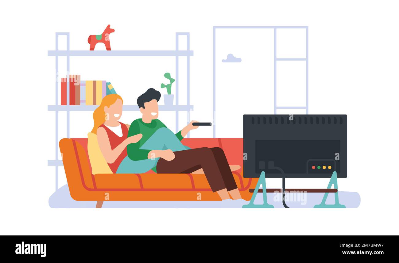 Young couple is watching movie. People sitting together on sofa in front of TV screen. Family hugging in couch. Home entertainment. Film television Stock Vector