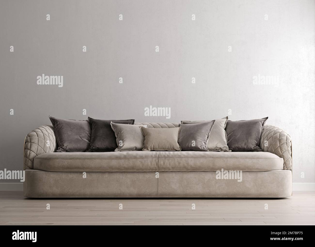 white concrete mock-up wall with white velvet sofa and pillows, modern interior, negative copy space above, 3d rendering, 3d illustration Stock Photo