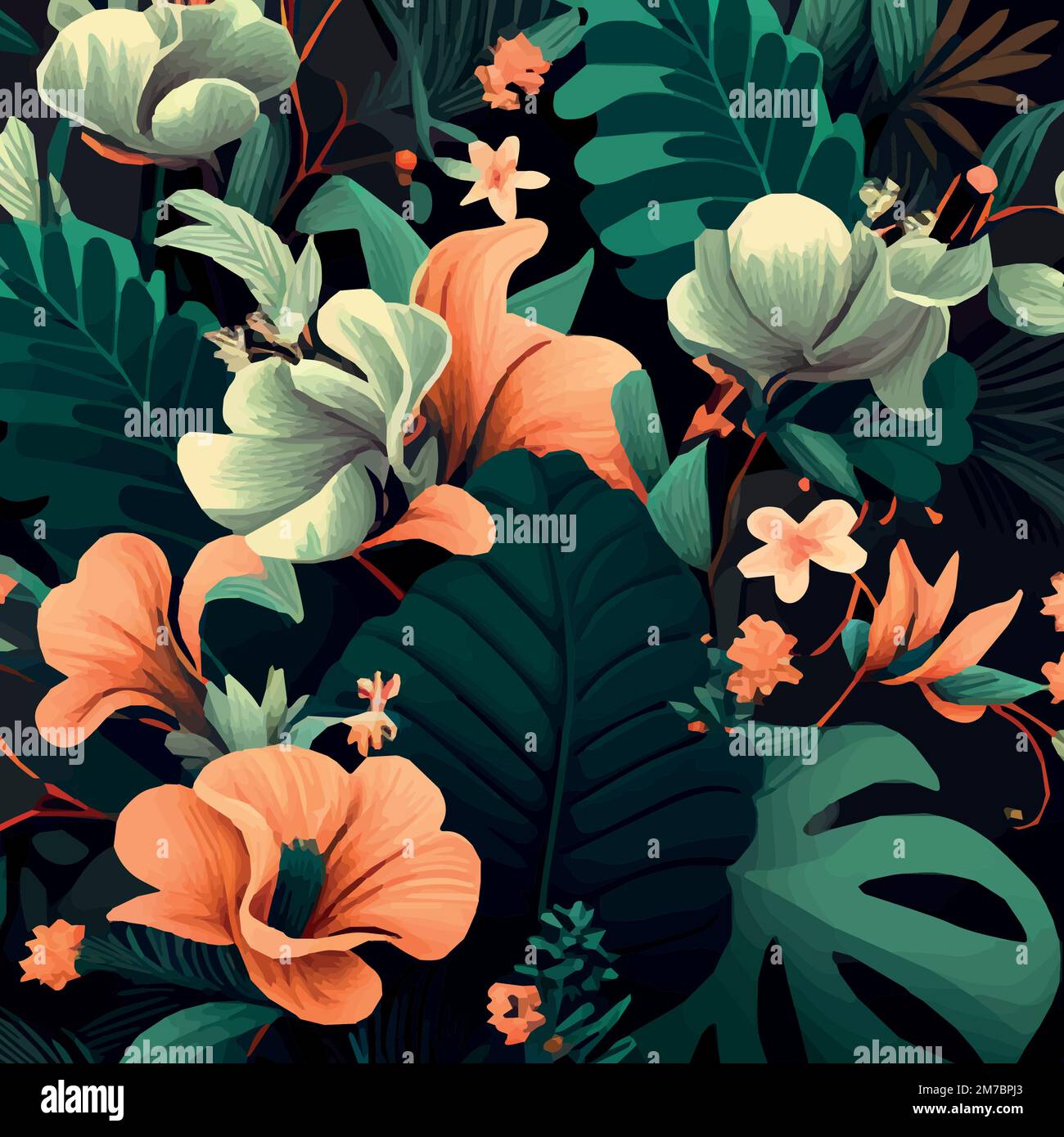 Seamless pattern of green tropical leaves with strelitzia, plumeria and ...