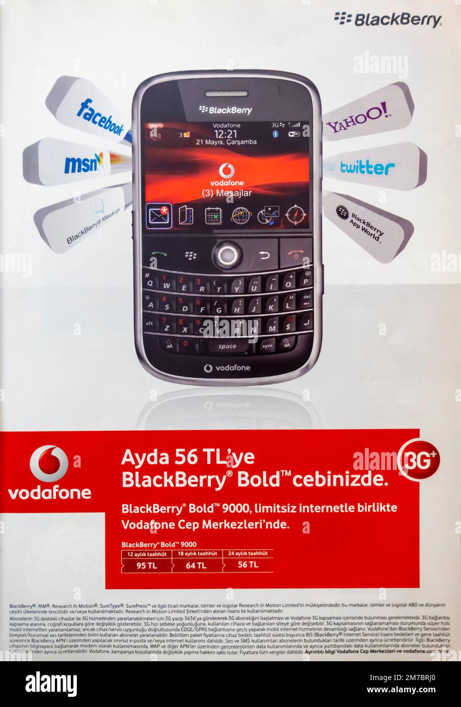 Blackberry mobile phone with buttons advert, Vodafone Turkey with prices. Natgeo Turkey magazine, December 2019 Stock Photo