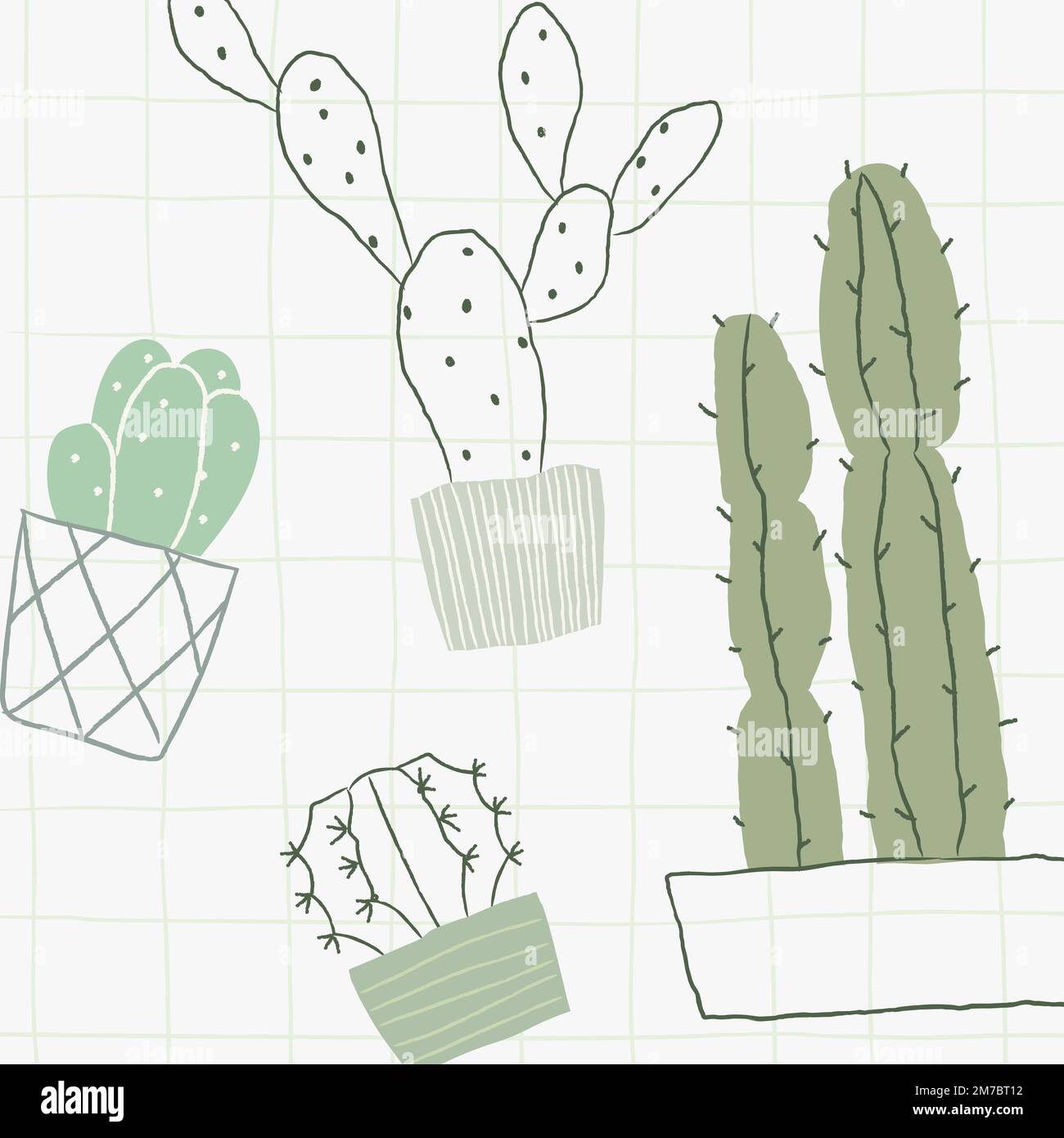 Green cactus doodle potted houseplants Stock Vector
