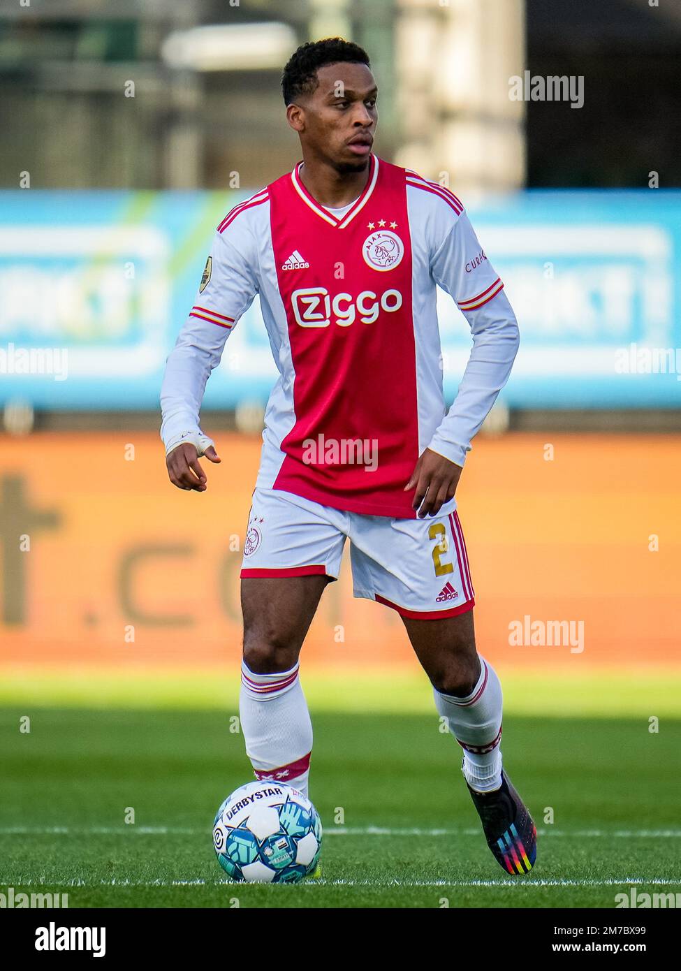 NIJMEGEN, NETHERLANDS - JANUARY 8: Jurrien Timber of Ajax dribbles with the  ball during the Dutch Eredivisie match between N.E.C. Nijmegen and Ajax at  the Goffertstadion on January 8, 2023 in Nijmegen,