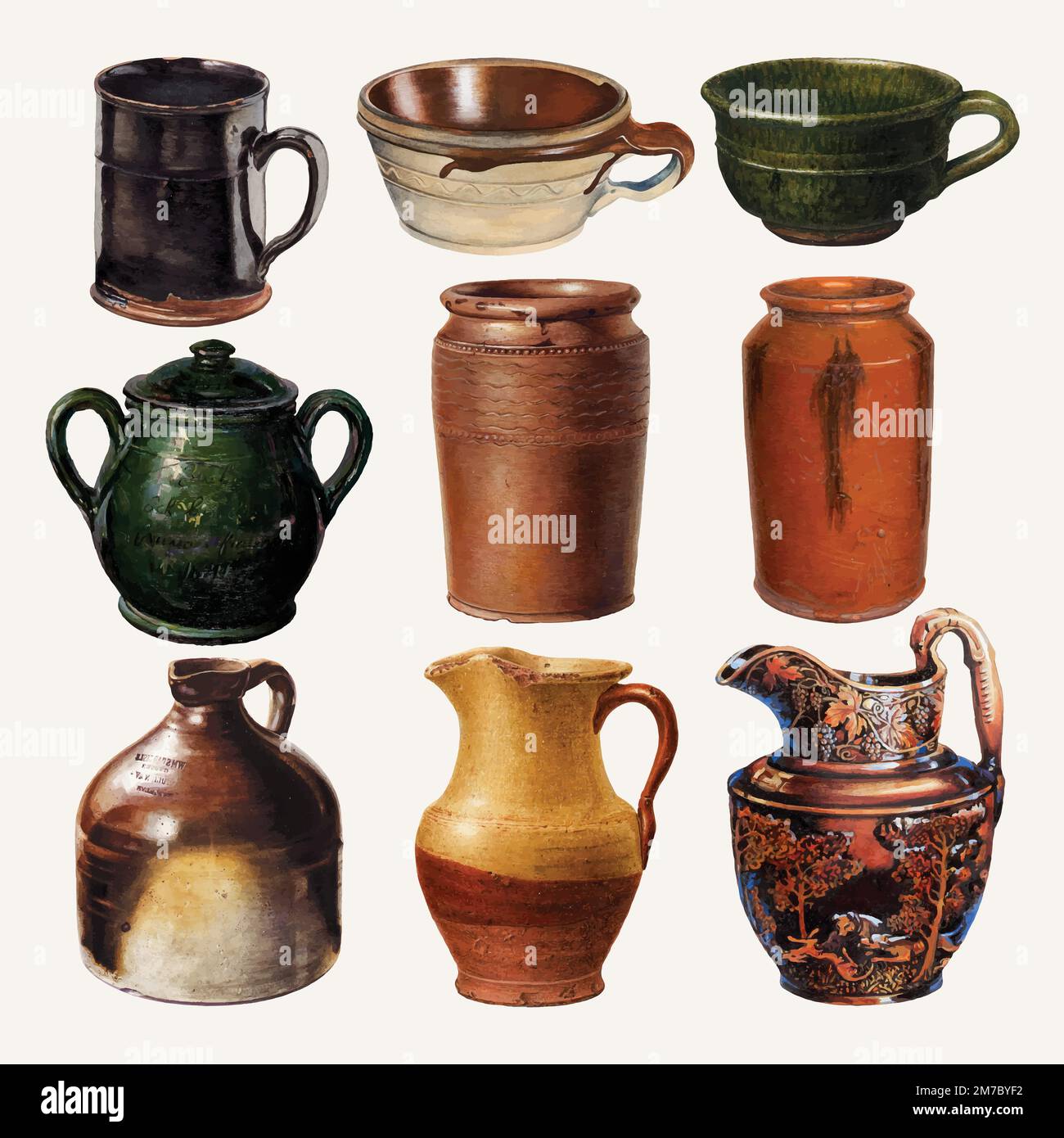 Pottery jugs and mugs vector design element set, remixed from public