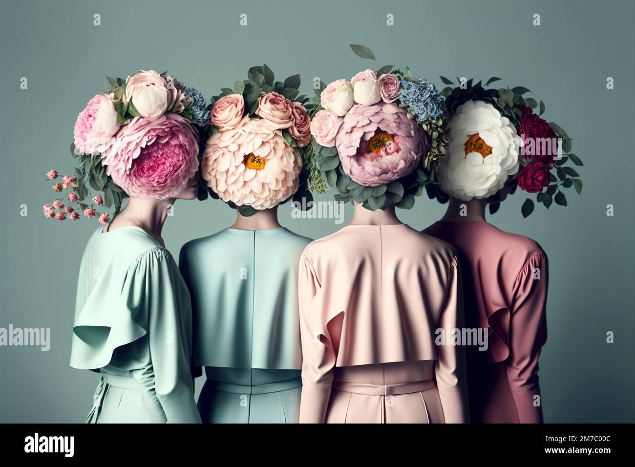 Pastel colored flowers. Four young women with floral decoration. Psychodelic concept. Generative AI Stock Photo