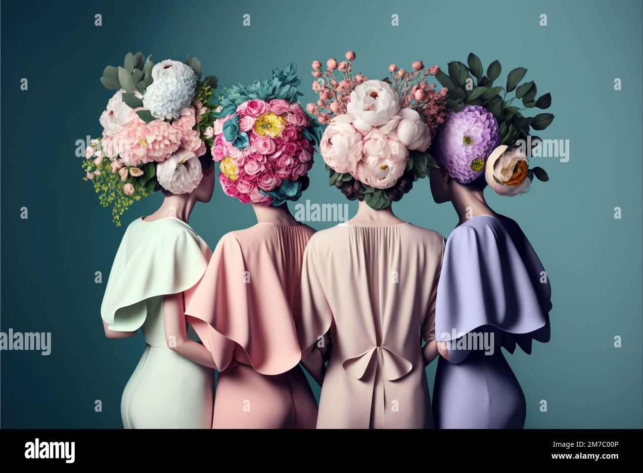 Flower power. Young fashion women with beautifu floral decoration. Female beauty concept. Generative AI Stock Photo