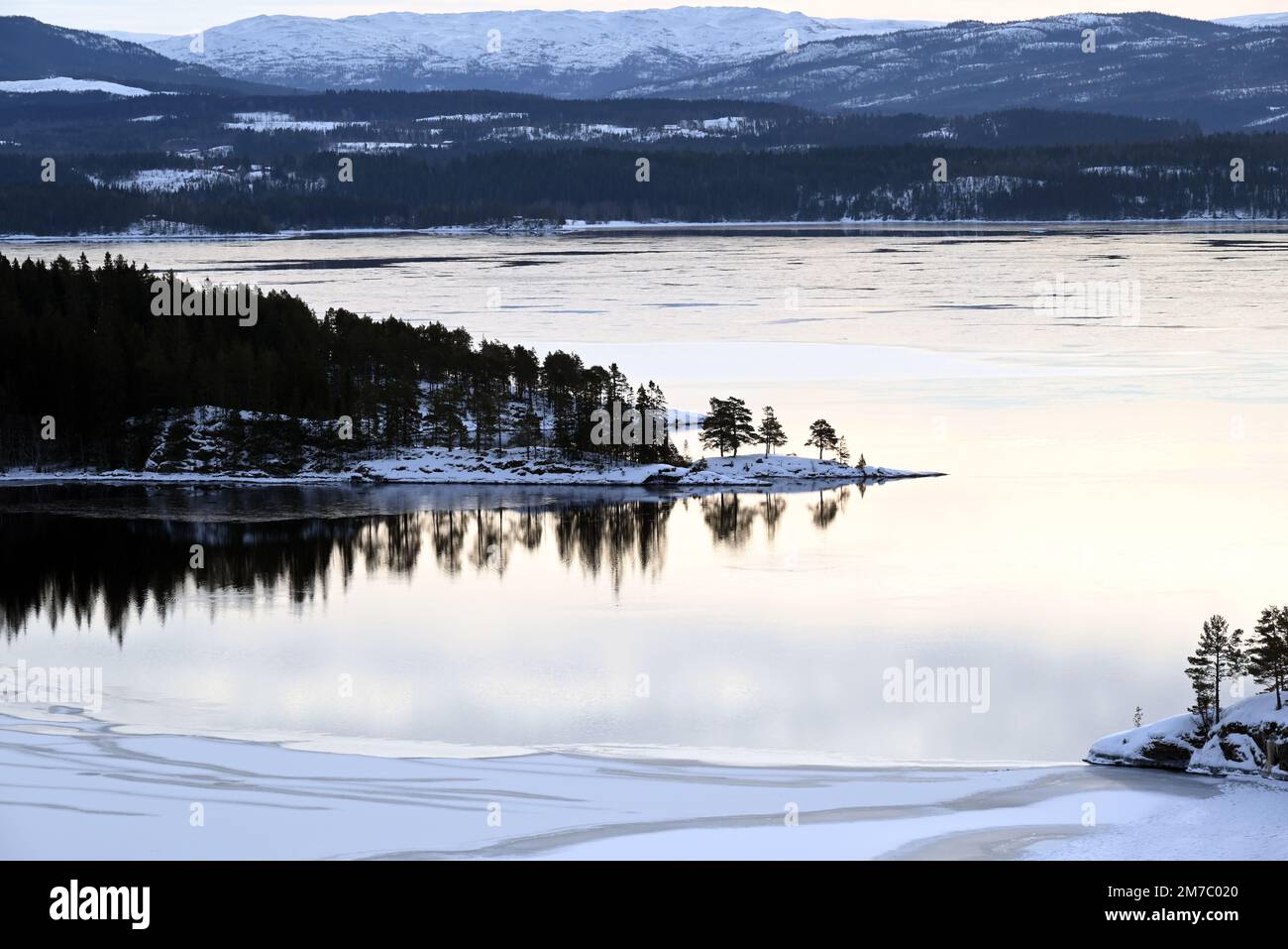 Lake Snasavatnet in the morning in winter. This lake is north of the city of Trondheim. Stock Photo