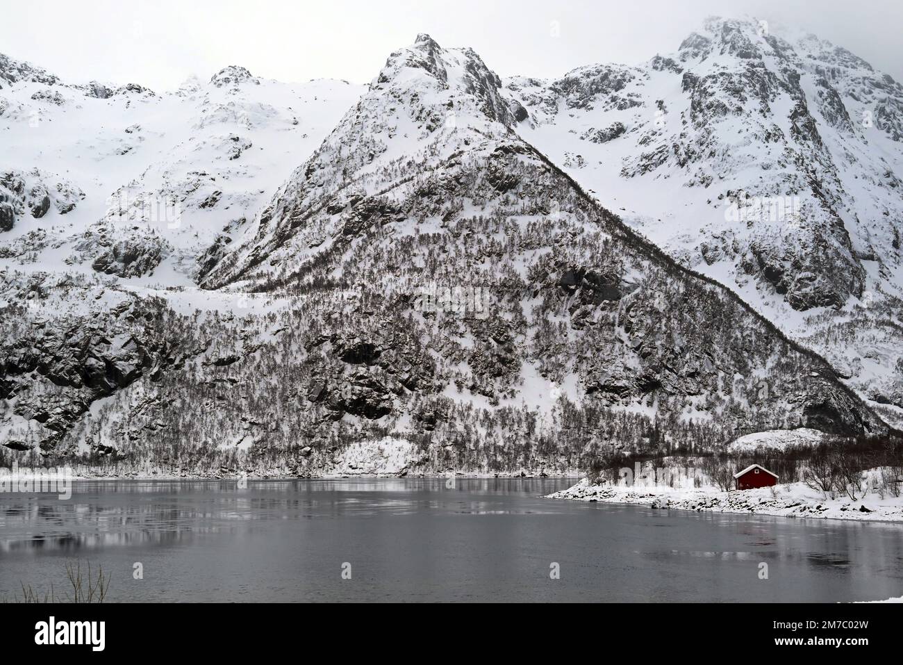 The Austnestfjord near Vestpollen in the Lofoten peninsula during winter season, northern Norway. Stock Photo
