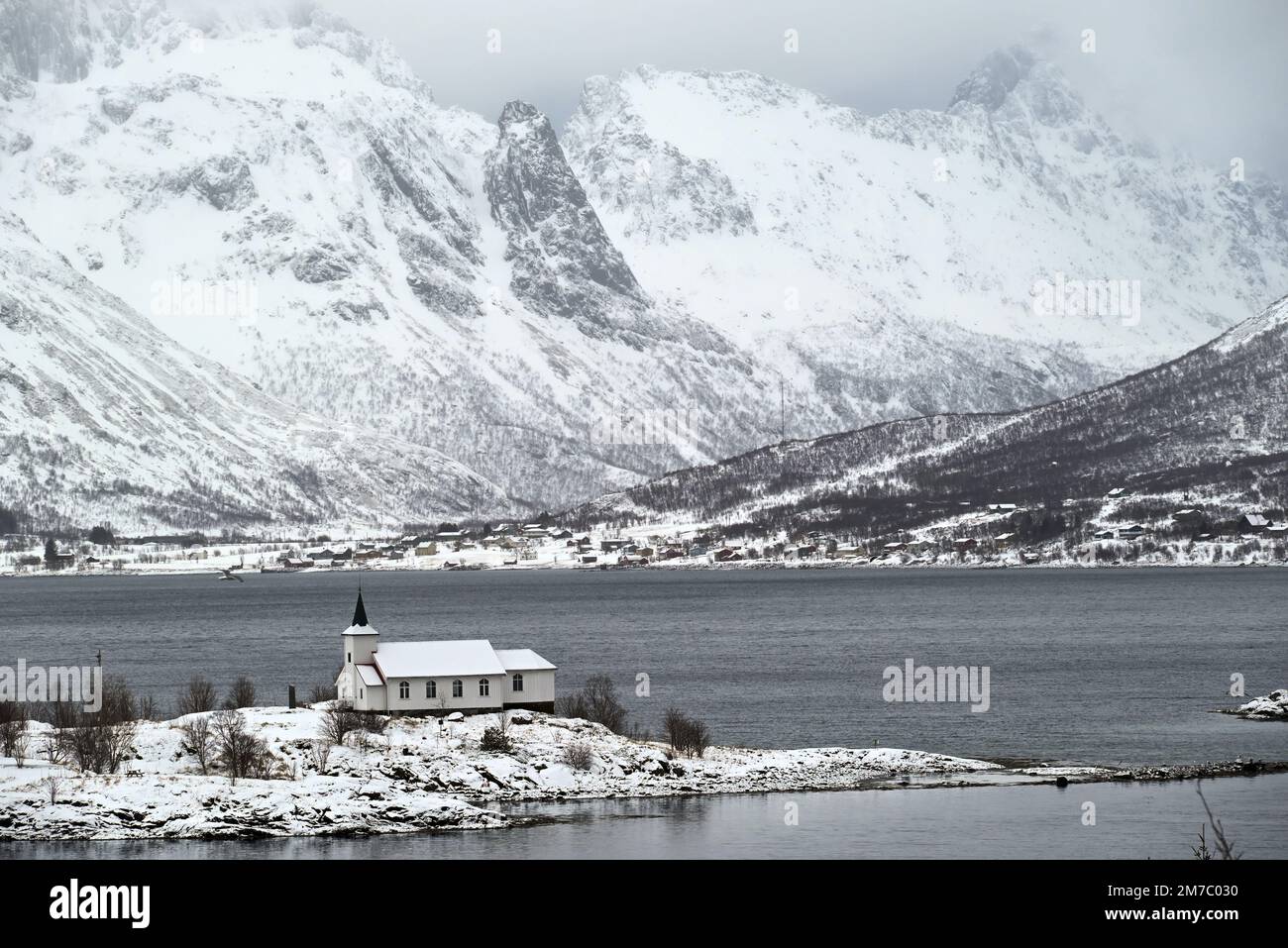 The little church of Vestpollen in the Lofoten peninsula, far northern Norway. Stock Photo