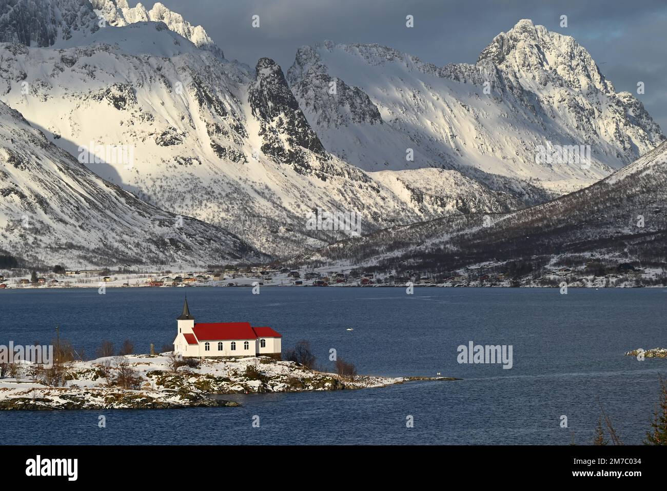 The little church of Vestpollen in the Lofoten peninsula, far northern Norway. Stock Photo