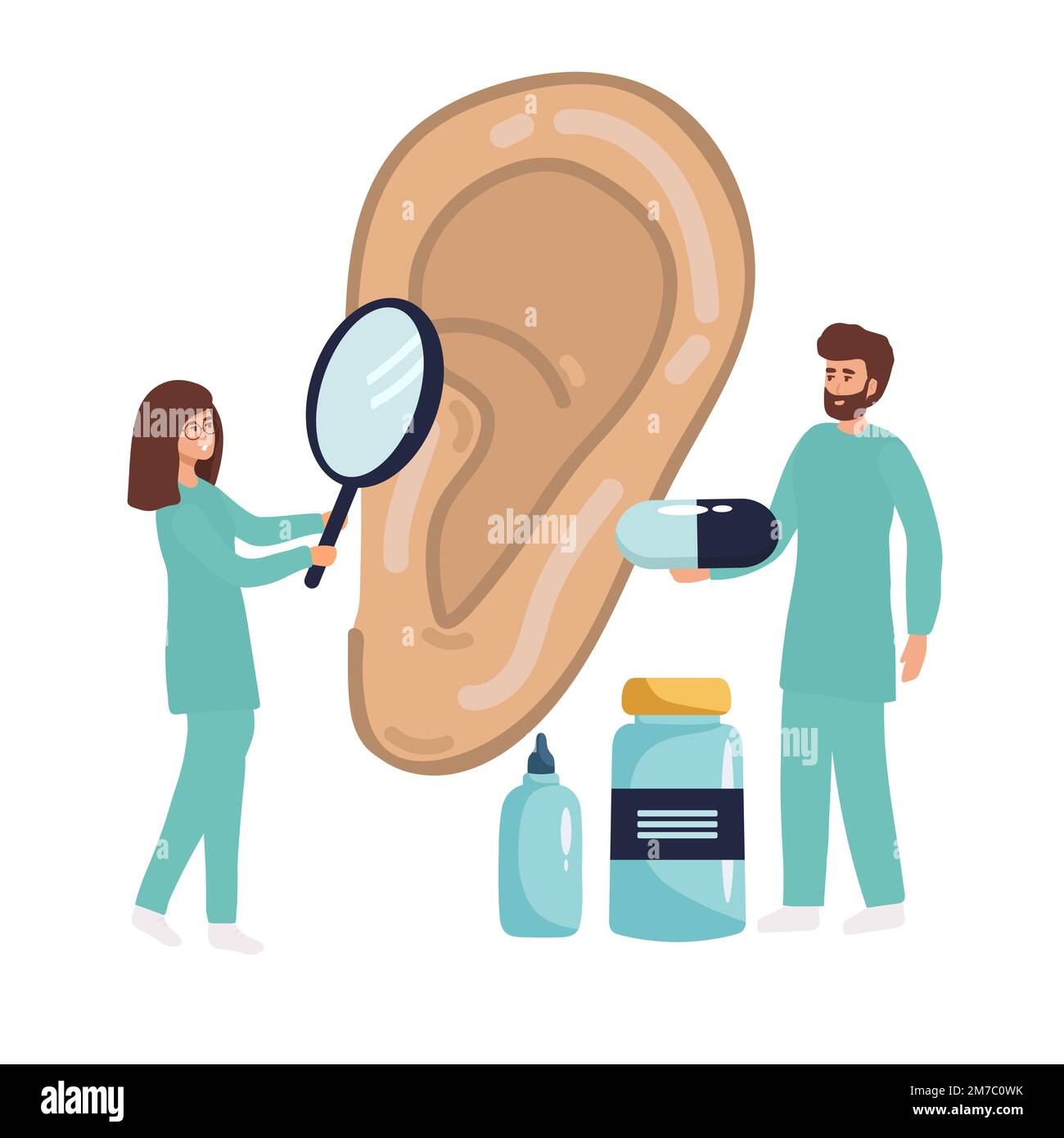 Doctors check health of ear, hearing organ. Medical examination, test