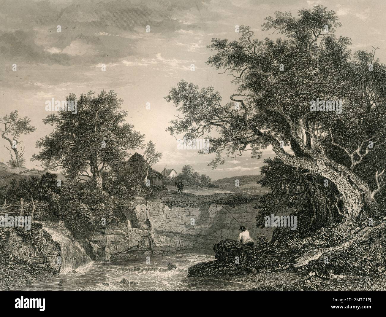 The Angler's Nook, print engraved by J. Carter from the painting by P. Nasmyth, UK 1850 Stock Photo