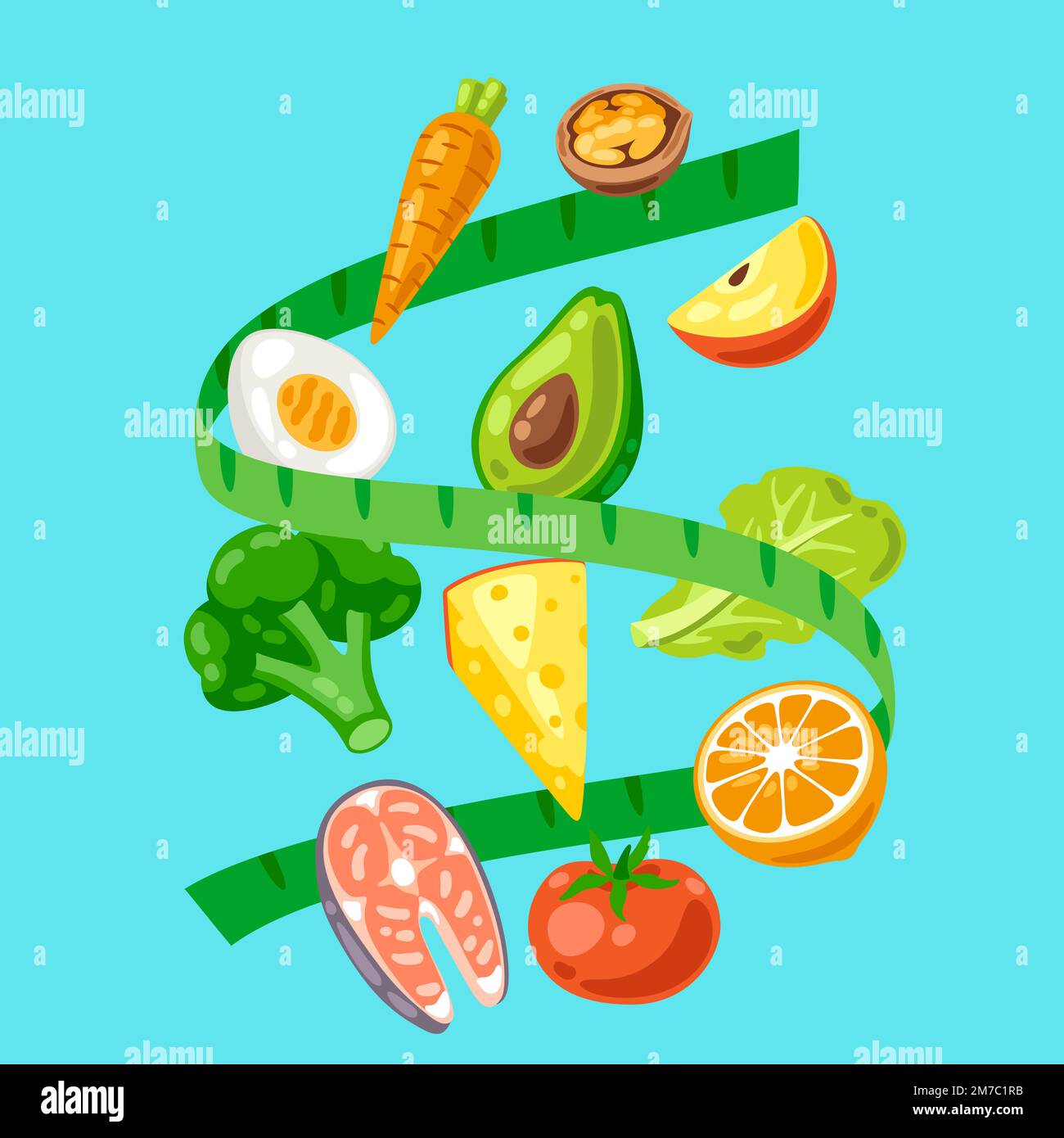 Illustration of measure tape with food. Healthy eating and diet meal
