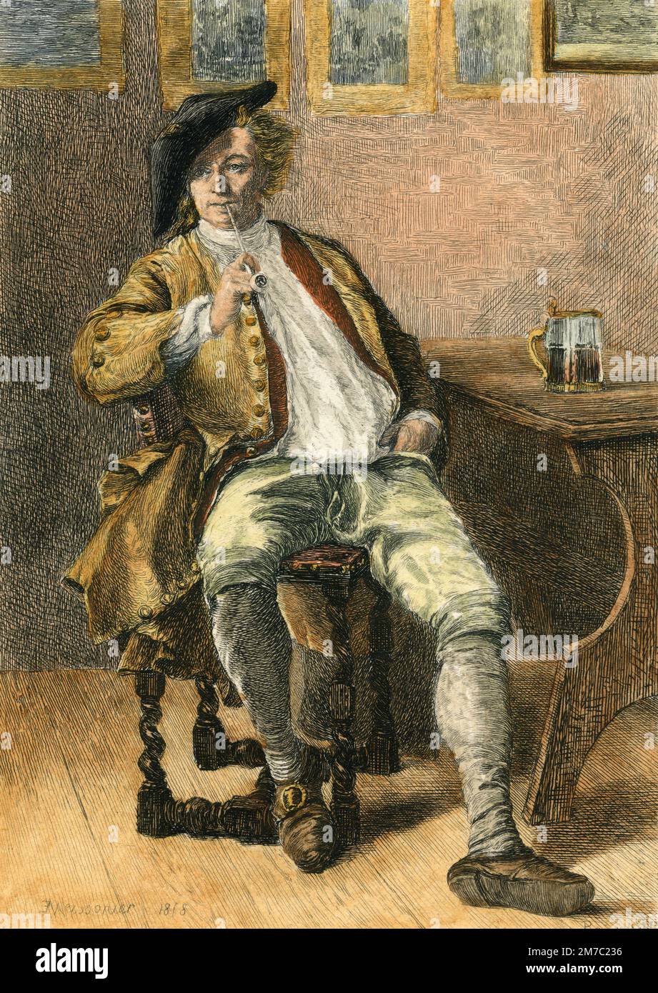 The Smoker, print engraved from a painting by J.L. Meissonier, UK, 1877 Stock Photo
