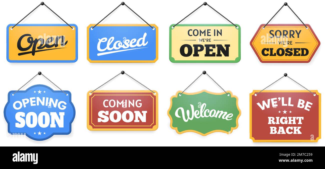 Store door sign. Come in were open and closed signboard note, opening and coming soon, welcome and well be right back vector set Stock Vector
