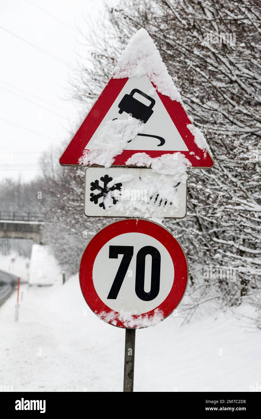 snowy traffic signs, Austria Stock Photo
