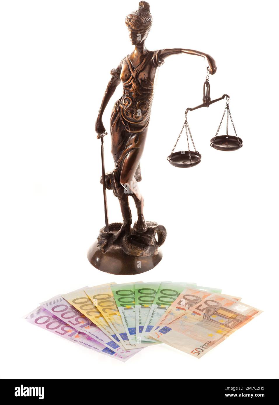 Lady Justice with Euro bills, corrupting, coutout, Europe Stock Photo
