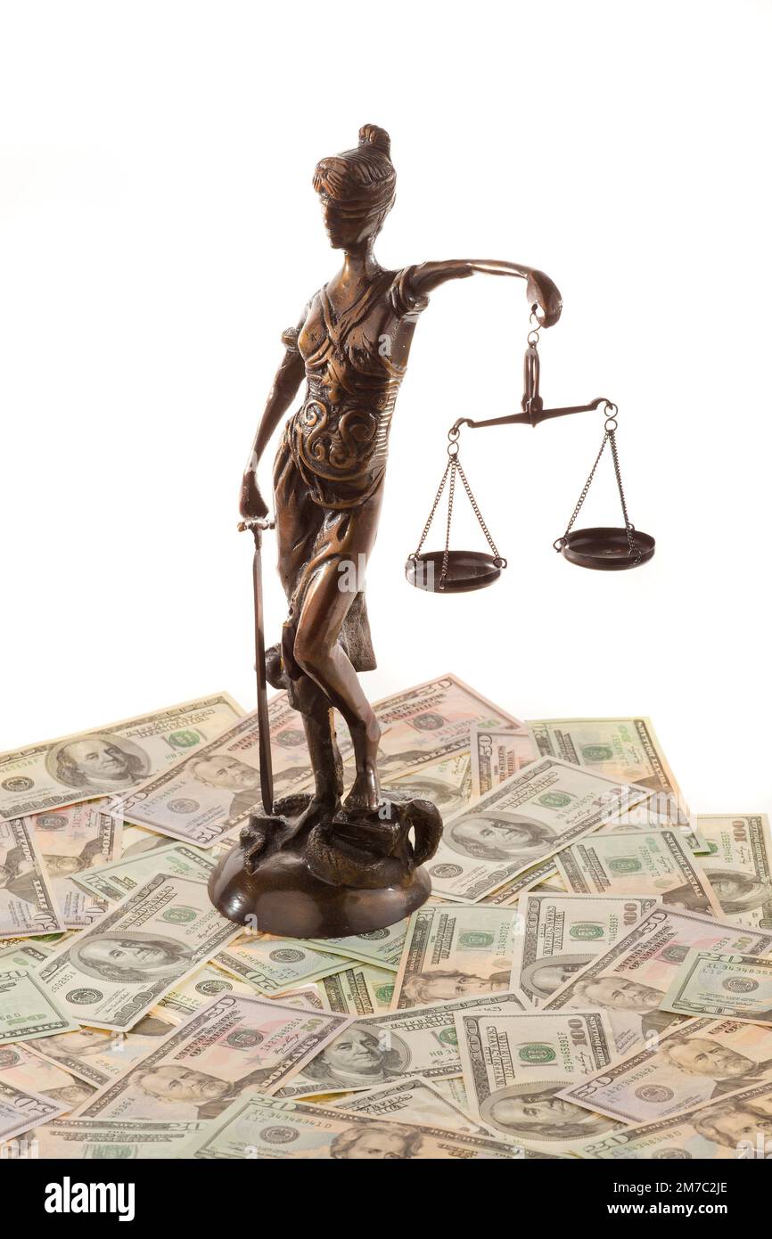 Lady Justice with Dollar bills, corrupting, coutout, USA Stock Photo