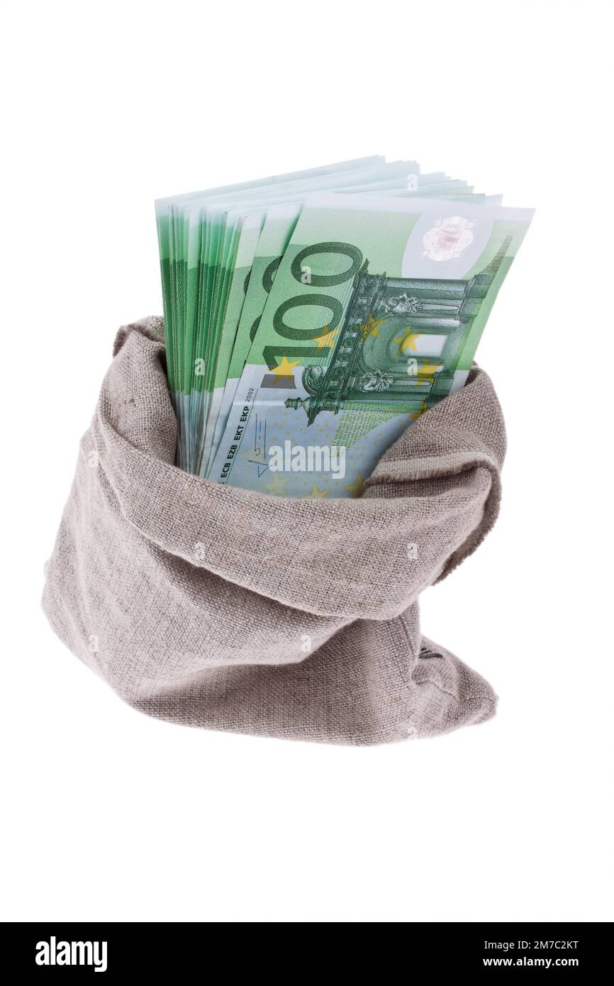 money bag full of 100 euro notes Stock Photo Alamy