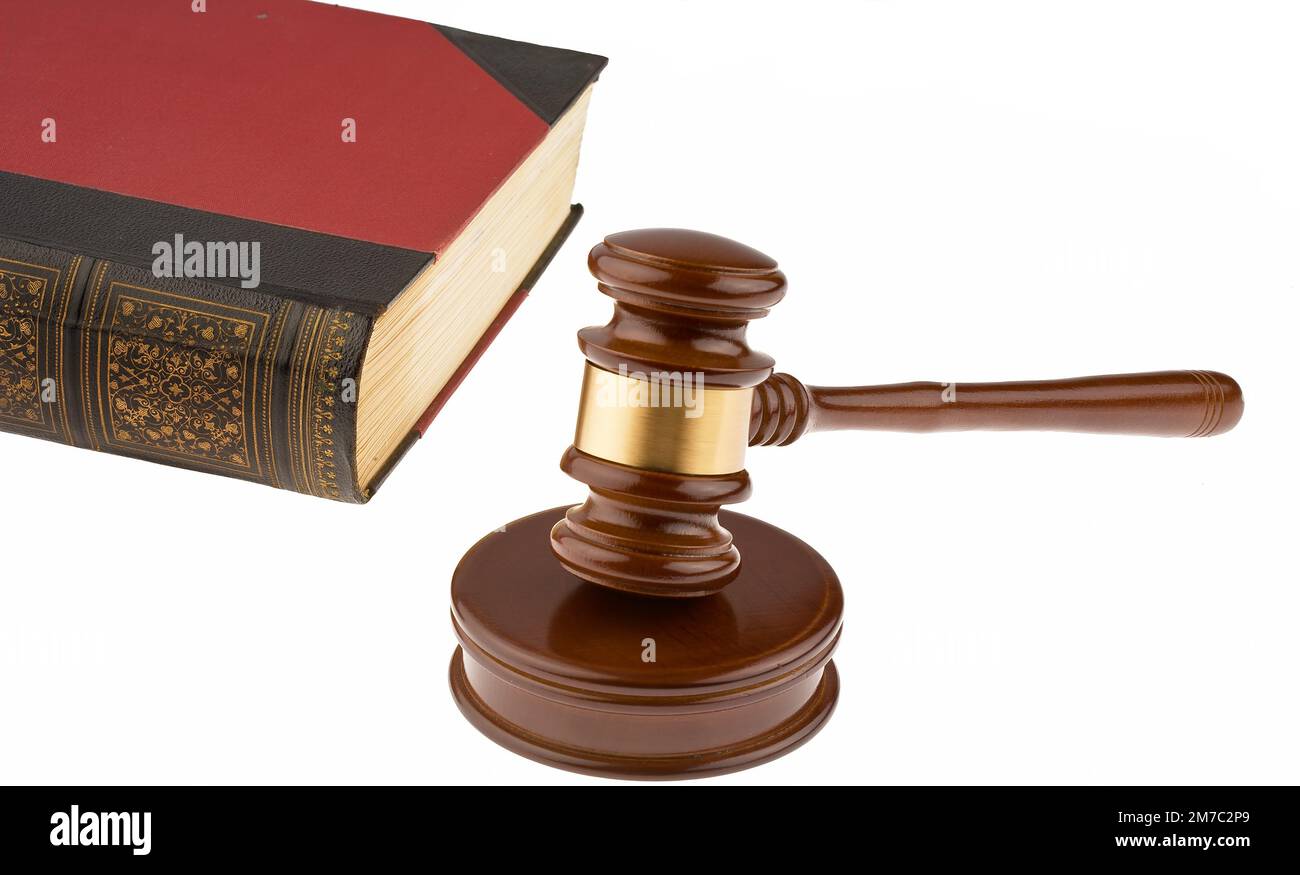 justice hammer with code of law, cutout Stock Photo