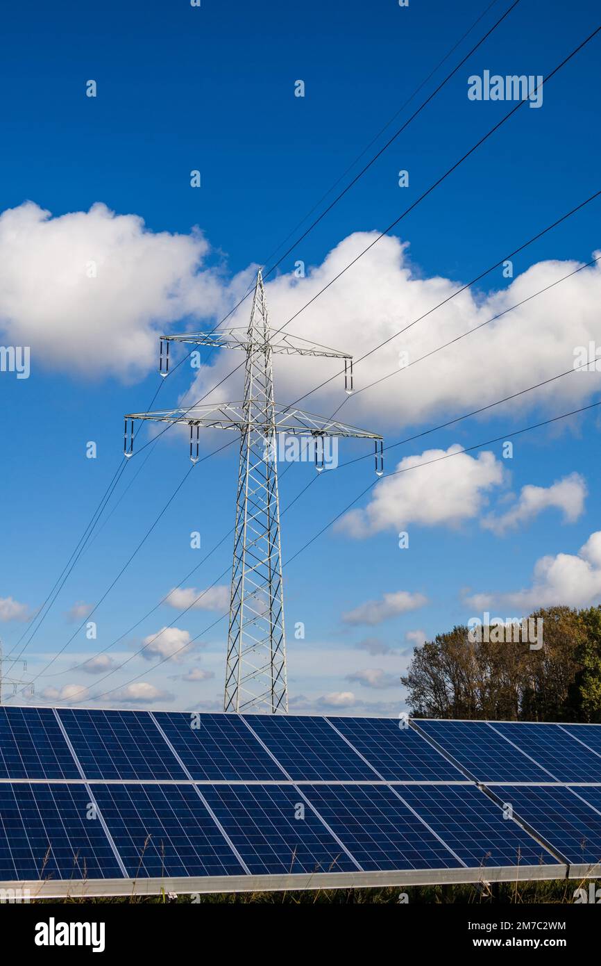 solar panels and power pole, Austria Stock Photo