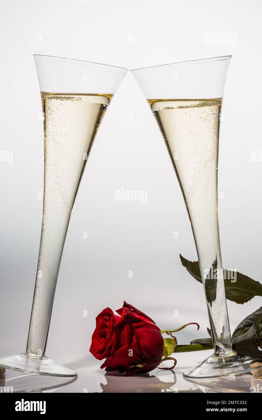 Champagne glasses and red rose Stock Photo - Alamy
