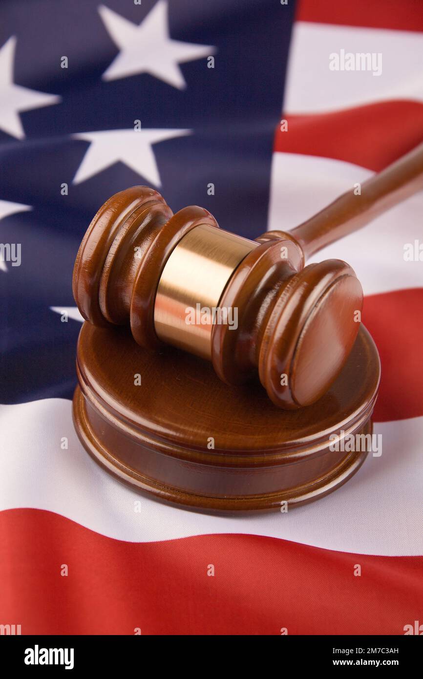 justice hammer in front of USA flag, USA Stock Photo