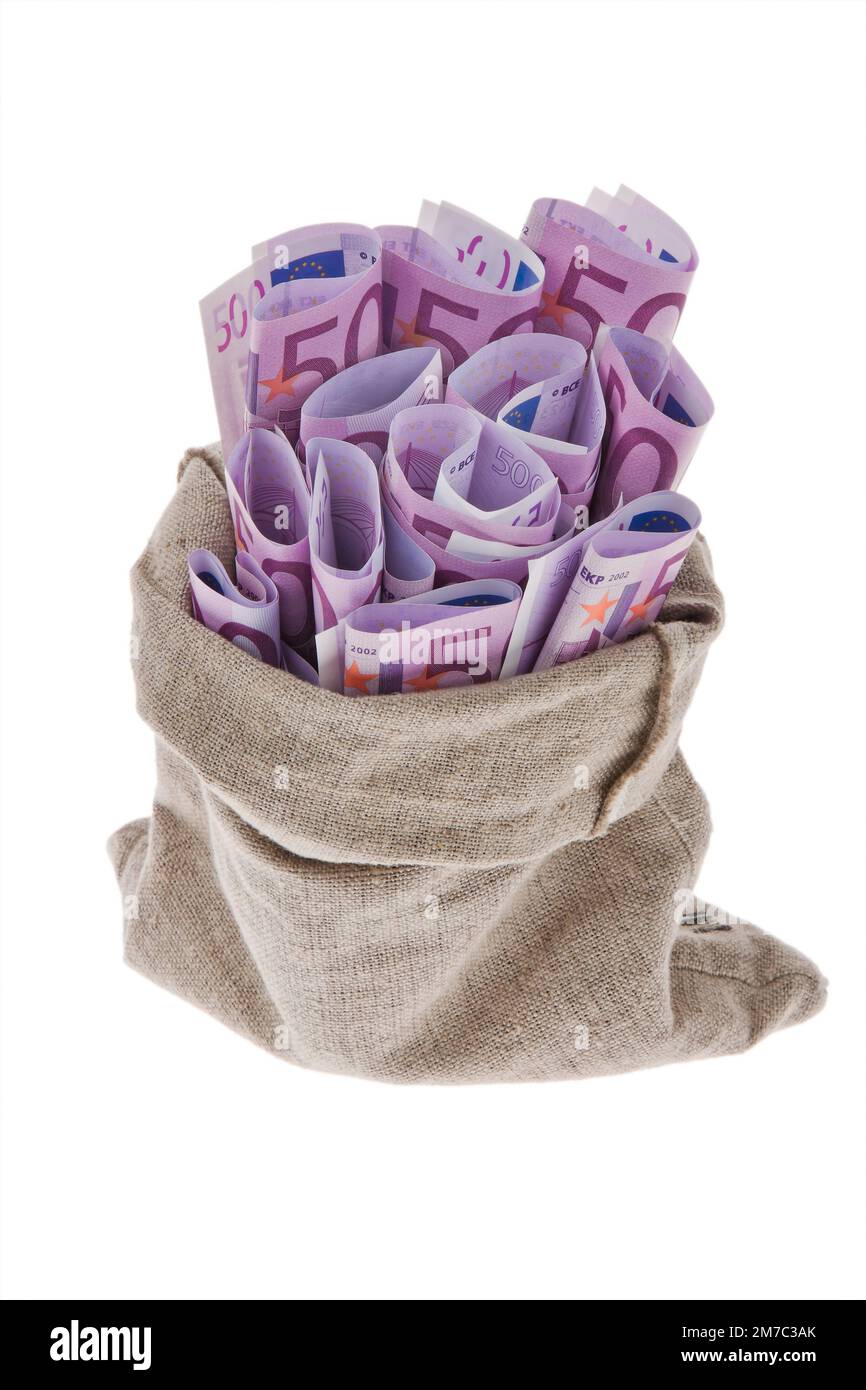 money bag full of 500 euro notes Stock Photo