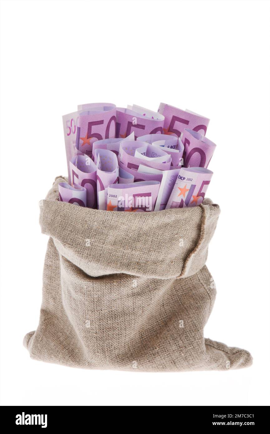 money bag full of 500 euro notes Stock Photo