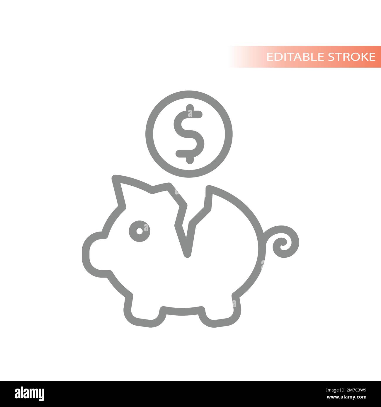 Broken piggy bank and dollar coin line vector icon. Inflation, bankruptcy outlined symbol. Stock Vector
