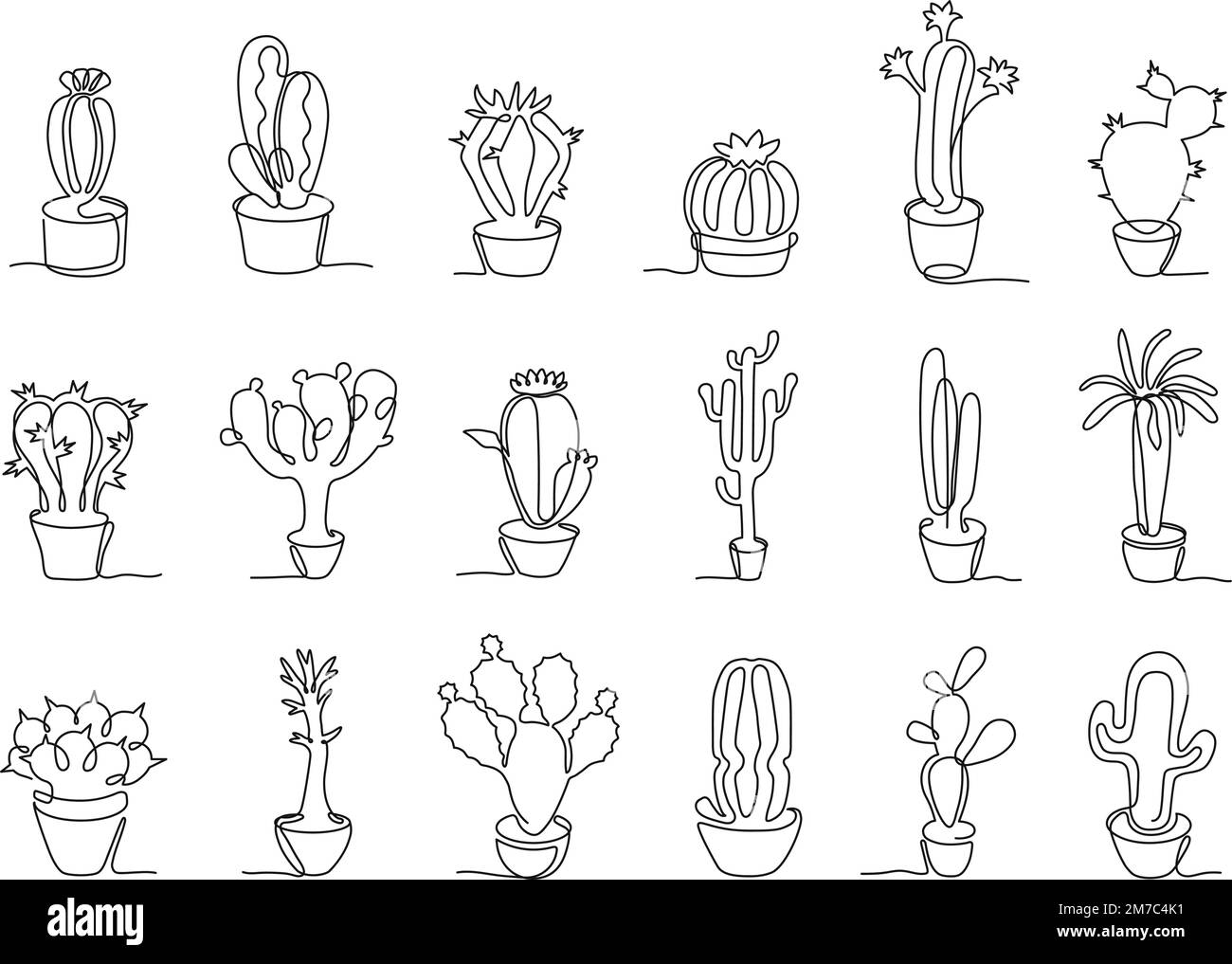 One continuous line potted cactus. Hand drawn Mexican cacti, home decor plants vector illustration set Stock Vector