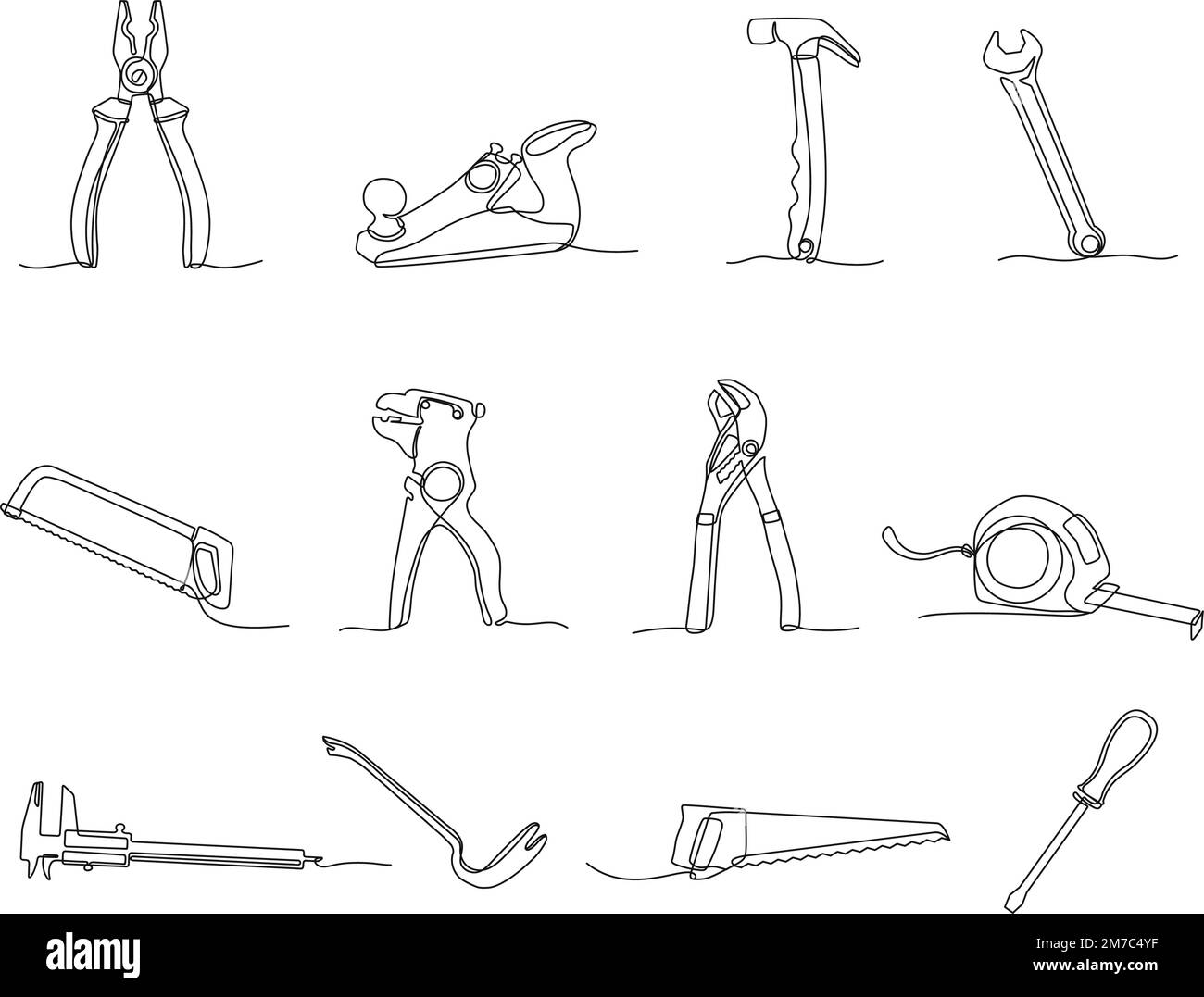 One line construction tools. Hand drawn hammer, pliers, tape measure