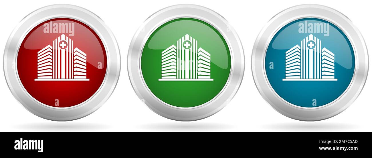 Hospital building vector icon set. Red, blue and green silver metallic ...