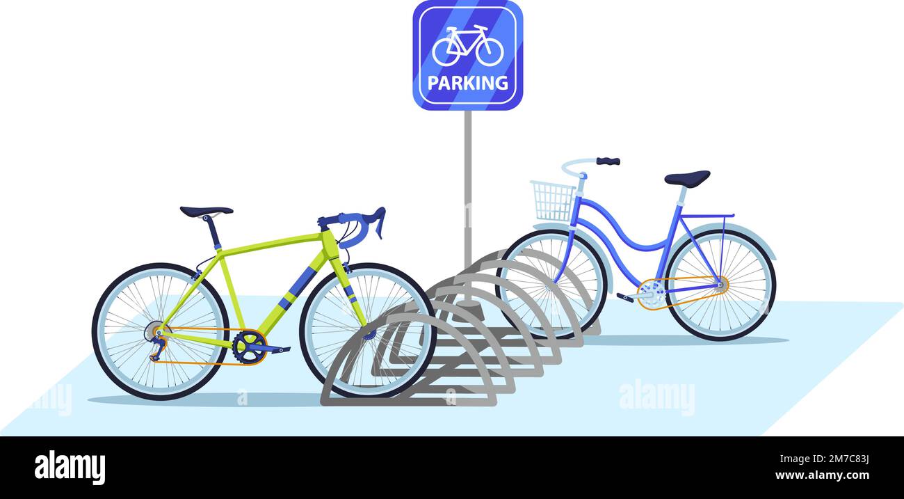 Bicycle parking area. Public bike rack with parking sign and parked bicycles. Ecologic city transport vector illustration Stock Vector