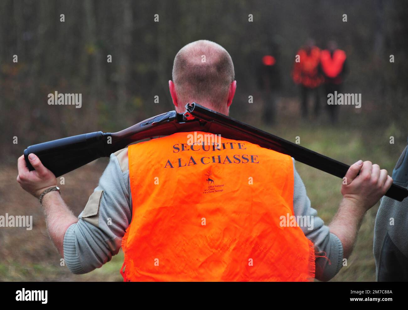 France. Group of hunters wearing the orange mandadory safety jacket